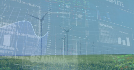 Image of financial data processing over wind turbines