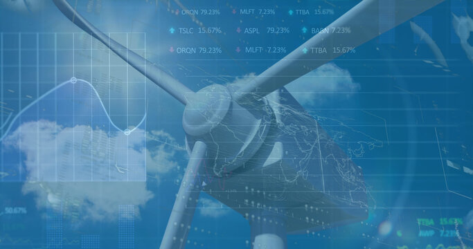 Image of financial data processing over wind turbine