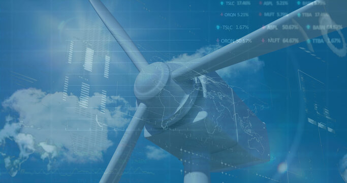 Image of financial data processing over wind turbine