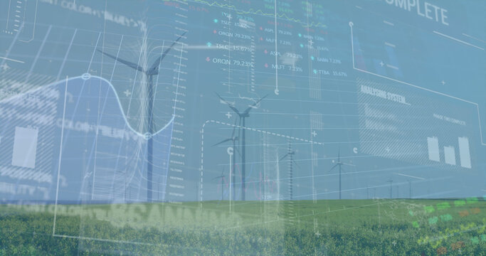 Image of financial data processing over wind turbines