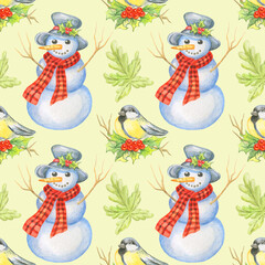 Watercolor seamless  holiday pattern with snowman and titmouse  on yellow background.Perfect for wrapping paper,package design.