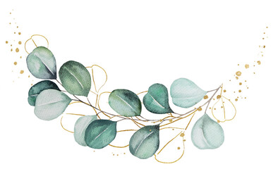 Bouquet made of green and golden watercolor eucalyptus leaves, wedding illustration - obrazy, fototapety, plakaty