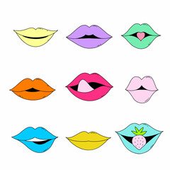 Set neon lips. Vector doodle illustration. Trend 1990s-2000s. Groovy vaporwave acid stickers.