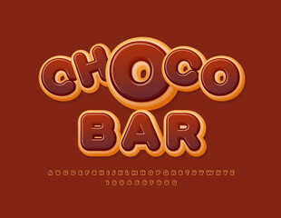 Vector playful emblem Choco Bar. Creative Alphabet Letters and Numbers set. Donut tasty Font