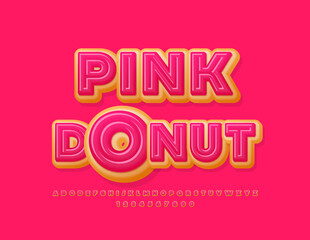 Vector sweet emblem Pink Donut. Tasty glazed ont. Creative cake Alphabet Letters and Numbers set
