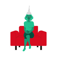 Fototapeta premium Zombified Woman in Tin Foil Hat Sitting on Red Armchair as Manipulation and Hypnosis Vector Illustration