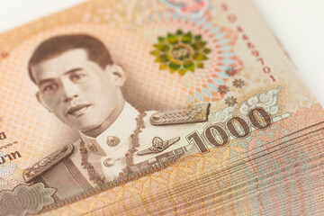 close up on Thai baht banknote of 1,000 bill 