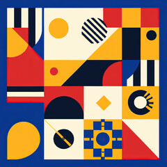 Swiss design style abstract poster layout with geometric graphics and bold elements. Modern geometry composition artwork with simple vector shapes. Useful for poster design, web presentation, etc.