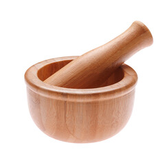 Wooden bamboo mortar with pestle isolated on white background.
