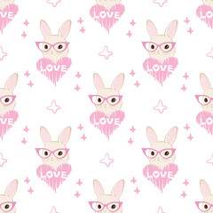 Seamless pattern with cartoon bunnies for kids. Abstract art print. Hand drawn background with cute animals.