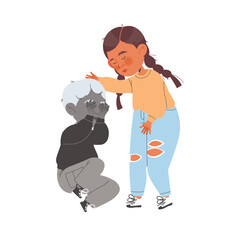 Little Girl Supporting and Comforting Sad Crying Boy Friend with Problem Vector Illustration