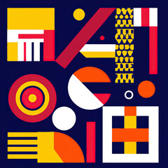 Swiss design style abstract poster layout with geometric graphics and bold elements. Modern geometry composition artwork with simple vector shapes. Useful for poster design, web presentation, etc.