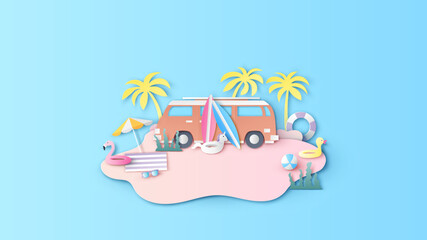 Illustration of Summer vacation on the beach. Summer vacation. Summer time. Paper cut and craft style. vector, illustration.