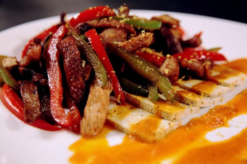 Salad plate with red bell pepper, green beans, fried fish and tofu with sauce on a white plate. Menu picture. Asian food. Side view.