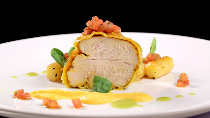 Beef Wellington with potatoes on a white plate. Side view. Classical dish. Cut piece. .