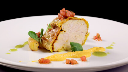 Beef Wellington with potatoes on a white plate. Side view. Classical dish. Cut piece. .