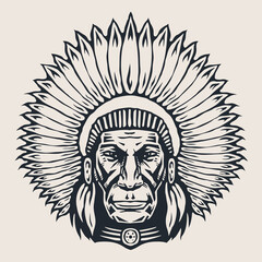 Head of an Indian chief wearing a feather headdress. Hand drawn design element, Vector illustration