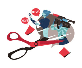 Prohibition of Independent Media with Man and Woman Reporters Cut with Scissors Vector Illustration