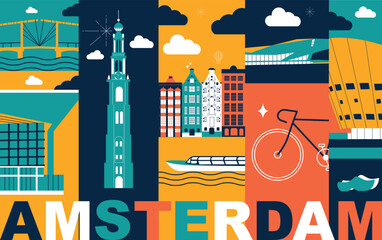 Typography word Amsterdam branding technology concept. Collection flat vector web icons. Culture travel set, famous architectures, specialties silhouette. European famous landmark, split video screen