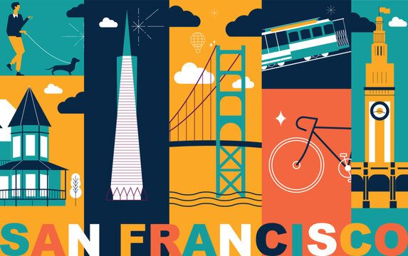 Typography word San Francisco branding technology concept. Collection of flat vector web icons. Culture travel set, famous architectures, specialties silhouette. USA famous landmark split video screen