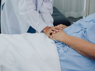 Close-up female doctor in white suit is holding on to elderly senior woman patient's hand in light...
