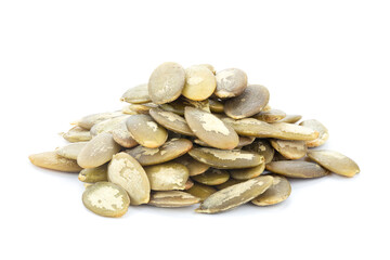 Pumpkin seeds on white background. Green pepita seeds.