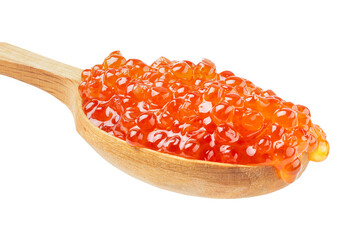 Salmon red caviar in a wooden spoon isolated on white background.  Raw seafood. Luxury delicacy food. File contains clipping path.