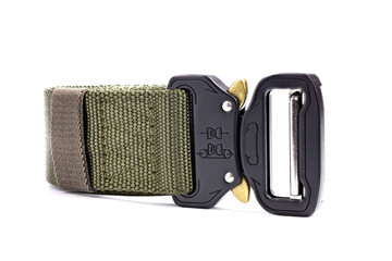 Green mens nylon fastening belt isolated on white background.