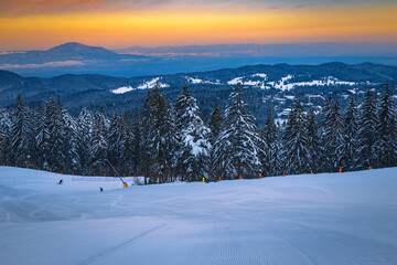 Wide ski slope in the snowy forest at sunrise, Romania