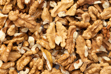 Closeup of big shelled walnuts pile. Nuts are a source of vegetable protein.