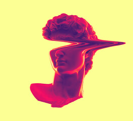 Digital concept illustration from 3D rendering of broken and glitched marble male classical head bust isolated on grey background in colorful vaporwave style colors palette.