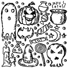 Doodle halloween icons. Halloween vector background
