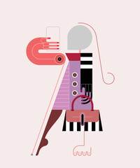 Fashionable woman with stylish handbag taking selfie on a smartphone. Full growth portrait of a  girl in a fashion business suit isolated on a light background. Bauhaus modern art vector illustration.