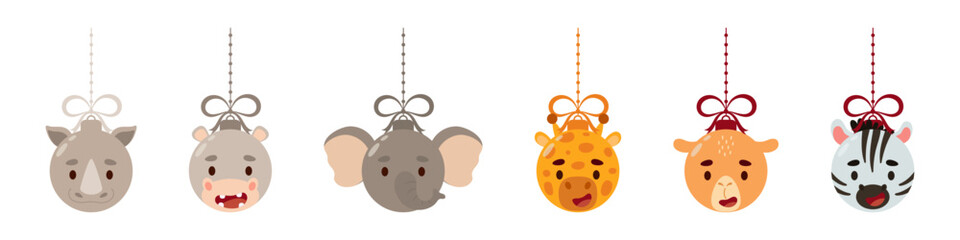 Merry Christmas and new year ball with cute rhino, hippo, elephant, giraffe, camel, zebra. Collection of cartoon winter holidays animal bauble. Vector stock illustration