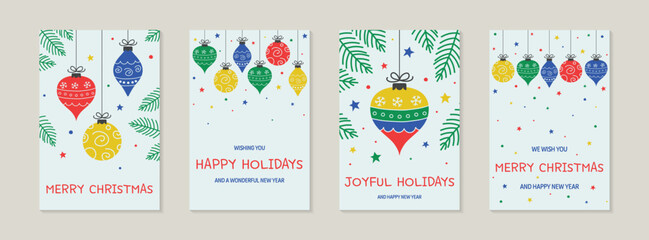 Hand drawn Christmas balls - greeting cards set. Vector illustration