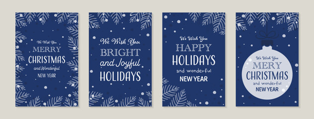 Christmas cards with branches and ball. Collection. Vector illustration