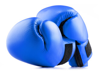 Pair of blue leather boxing gloves isolated on white