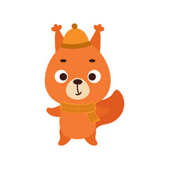 Cute little squirrel in hat and scarf. Cartoon animal character for kids t-shirts, nursery decoration, baby shower, greeting card, invitation, house interior. Vector stock illustration