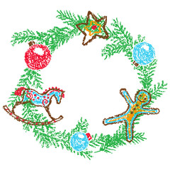 Christmas wreath with rocking horse, decor. Crayon hand drawing cartoon banner frame background. Fir tree branch. Fun doodle simple vector flat cartoon style. Pastel chalk or pencil child painting
