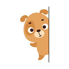 Cute little dog peeking around corner on white background. Cartoon animal character for kids t-shirt, nursery decoration, baby shower, greeting card, house interior. Vector stock illustration