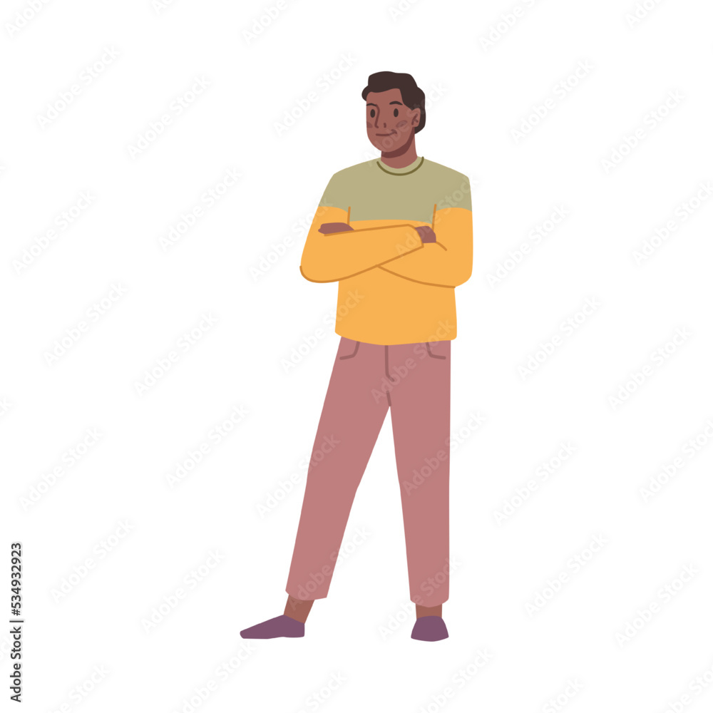 Poster Waiting male character with crossed hands on chest and smile on face. Isolated personage looking aside and standing in comfortable pose. Vector in flat style