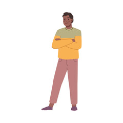 Waiting male character with crossed hands on chest and smile on face. Isolated personage looking aside and standing in comfortable pose. Vector in flat style