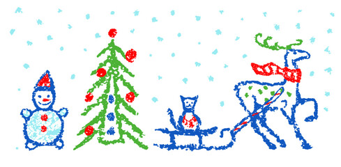 Obraz na płótnie Canvas Like child hand drawing christmas set. Snowman, deer, tree, snow cartoon clip art. Crayon, pastel chalk, pencil kid painting flat funny doodle simple stroke. Vector collection