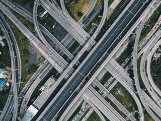 Aerial view city junction cross road with vehicle