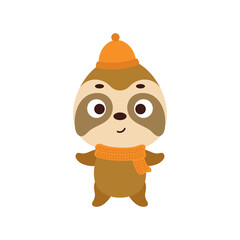 Cute little sloth in hat and scarf. Cartoon animal character for kids t-shirts, nursery decoration, baby shower, greeting card, invitation, house interior. Vector stock illustration