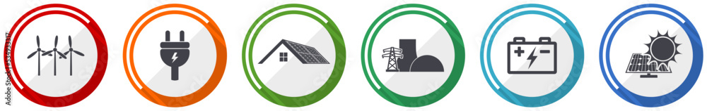Aufkleber Renewable energy icon set, electricity flat design vector illustration in 6 colors options for webdesign and mobile applications