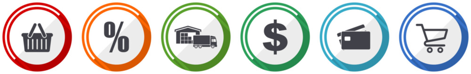 Business icon set, shop flat design vector illustration in 6 colors options for webdesign and mobile applications