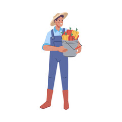 Farming man personage wearing uniform holding bucket of harvested bell peppers. Growing organic vegetables. Flat cartoon character, vector in flat style