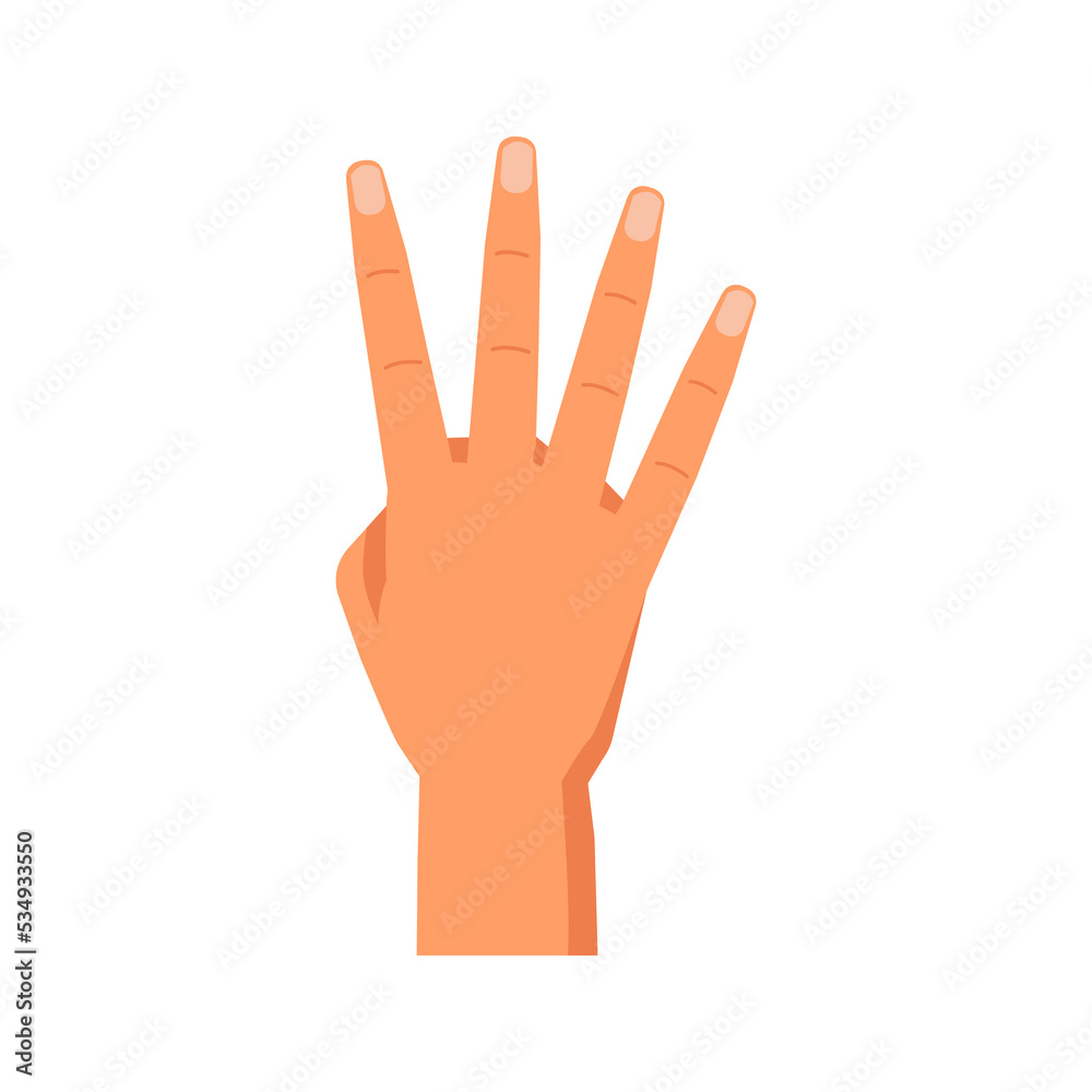 Poster Number four, isolated hand gesture showing digits. Counting or enumerating, nonverbal communication and symbols. Fingers up front side. Vector in flat style