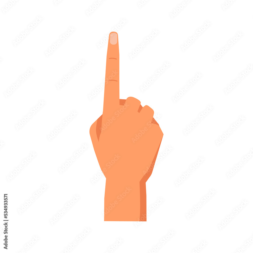 Poster Number one, isolated raised pointing or index finger showing digit. Hand gesture and nonverbal communication. Counting and enumeration. Vector in flat style